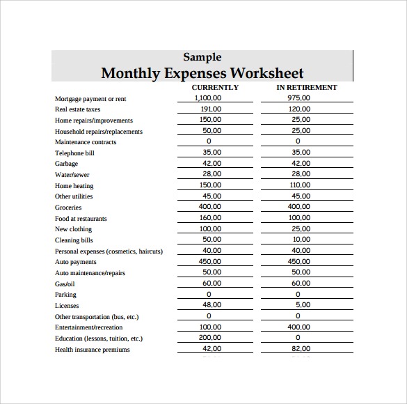 Monthly Expense Worksheet