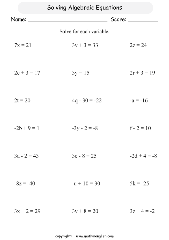 Solve These Algebraic Multiplication Sentences And Find The Value