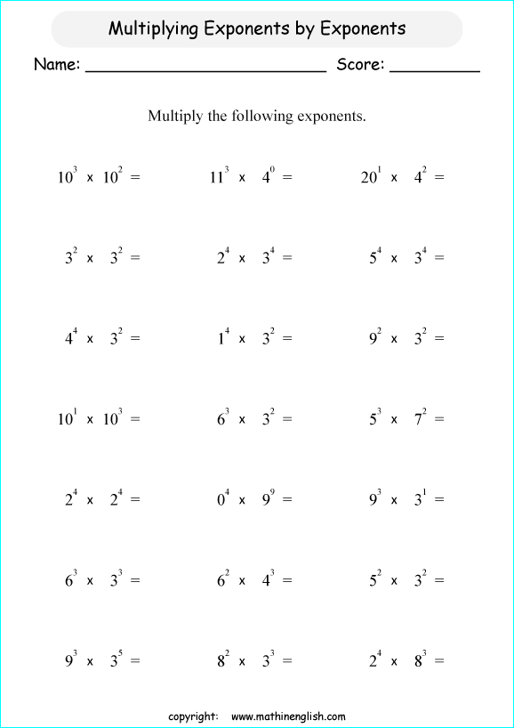 Multiply Exponents By Exponents Math Worksheet  Great Remedial