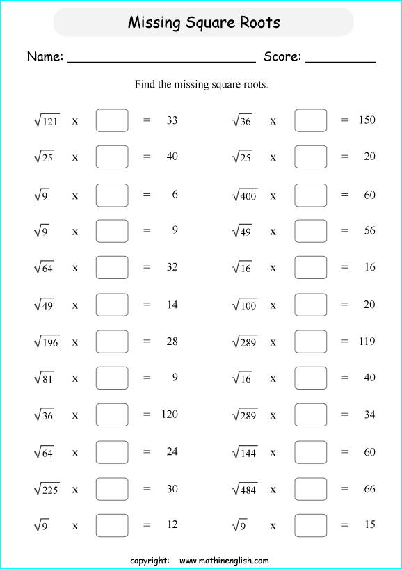 Multiply And Find The Missing Square Root Math Worksheet  Great