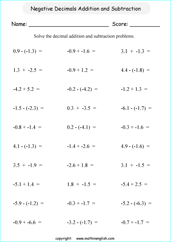 Addition And Subtraction Of Negative Decimals Worksheet Fr Grade 6