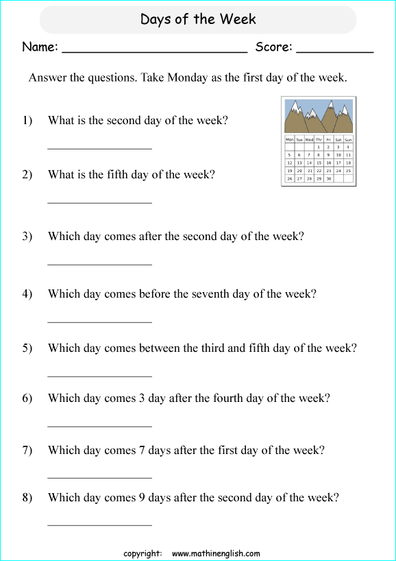 Grade 2 Math Questions Based On The Days Of The Week And Ordinal