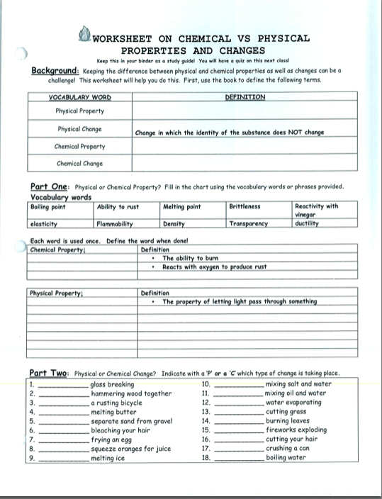 Physical And Chemical Properties Worksheet Physical Science A