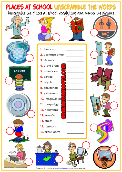 Places At School Esl Unscramble The Words Worksheet