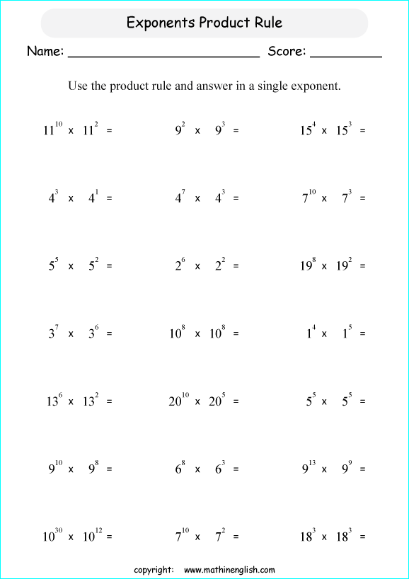Exponents Worksheet Based On Multiplying Exponents By Using The