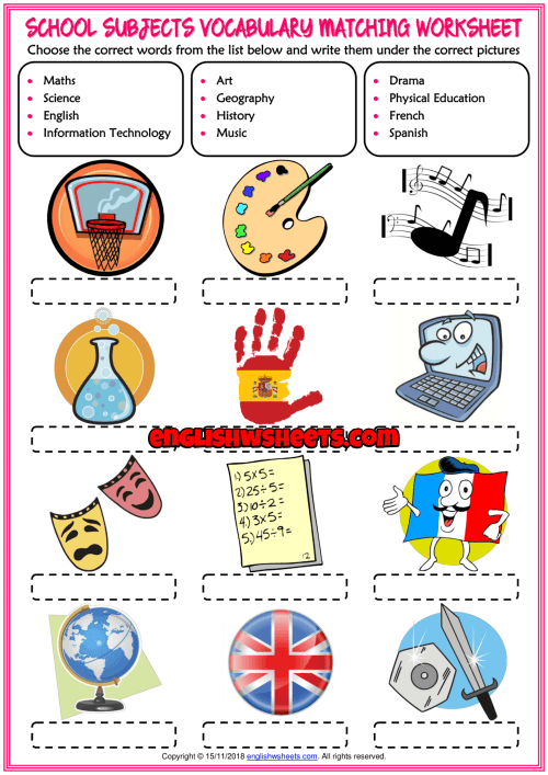 School Subjects Vocabulary Esl Matching Exercise Worksheet School Subjects Vocabulary Esl Matching Exercise Worksheet