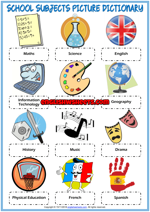School Subjects Esl Picture Dictionary Worksheet For Kids School Subjects Esl Picture Dictionary Worksheet For Kids