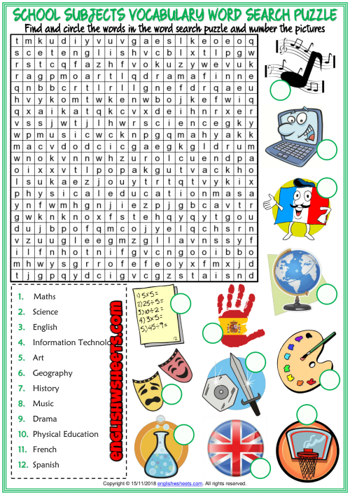 School Subjects Esl Printable Word Search Puzzle Worksheet