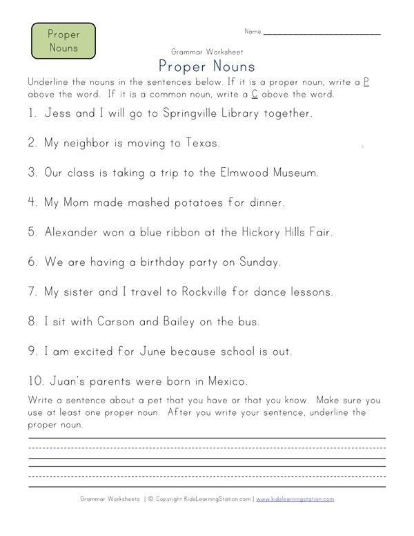 Proper Nouns Worksheet