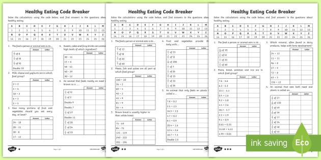 Lks2 Healthy Eating Code Breaker Maths Worksheet