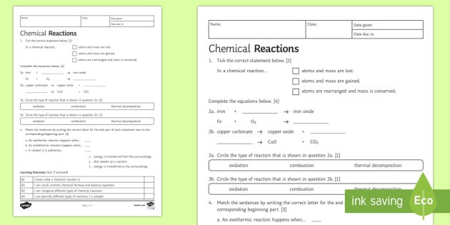 Chemical Reactions Worksheet