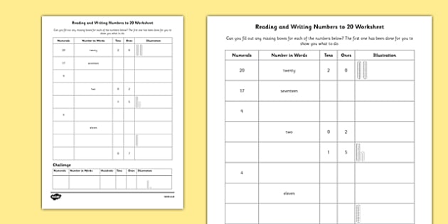 Reading And Writing Numbers To 20 Worksheet