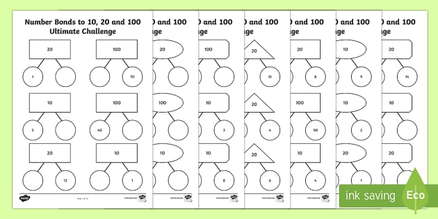 Ks1 Number Bonds To 10, 20 And 100 Ultimate Challenge Worksheet
