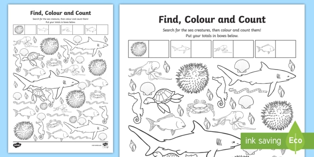 Under The Sea Find, Colour And Count Worksheet   Worksheet