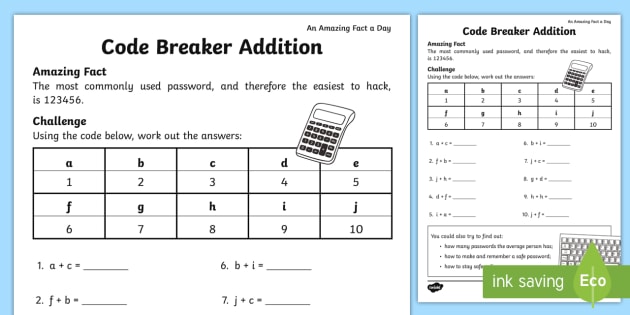 Code Breaker Addition Worksheet   Worksheet