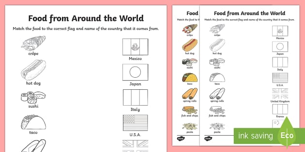 Food From Around The World Matching Worksheet   Worksheet