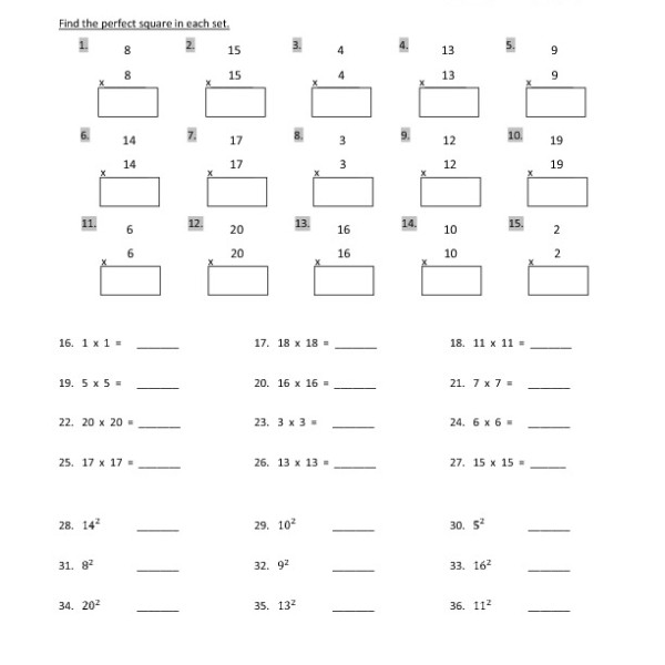 Third Grade Perfect Squares To 20 Worksheet 05 â One Page Worksheets
