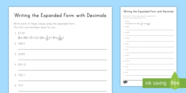 Writing The Expanded Form With Decimals Worksheet   Worksheet