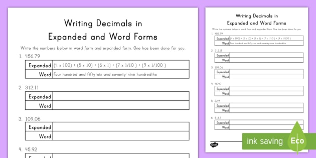 Writing Decimals In Expanded And Word Form Worksheet   Worksheet