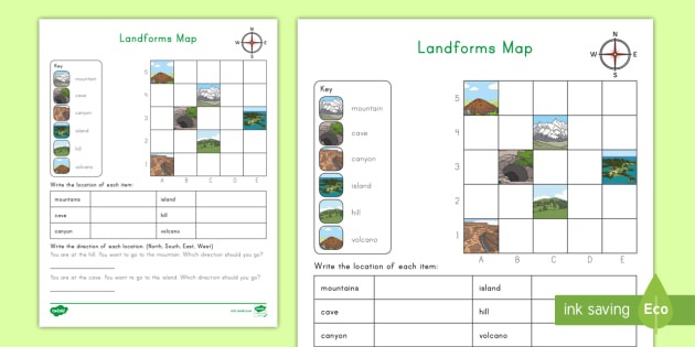 Landforms Coordinate Grid Map Worksheet