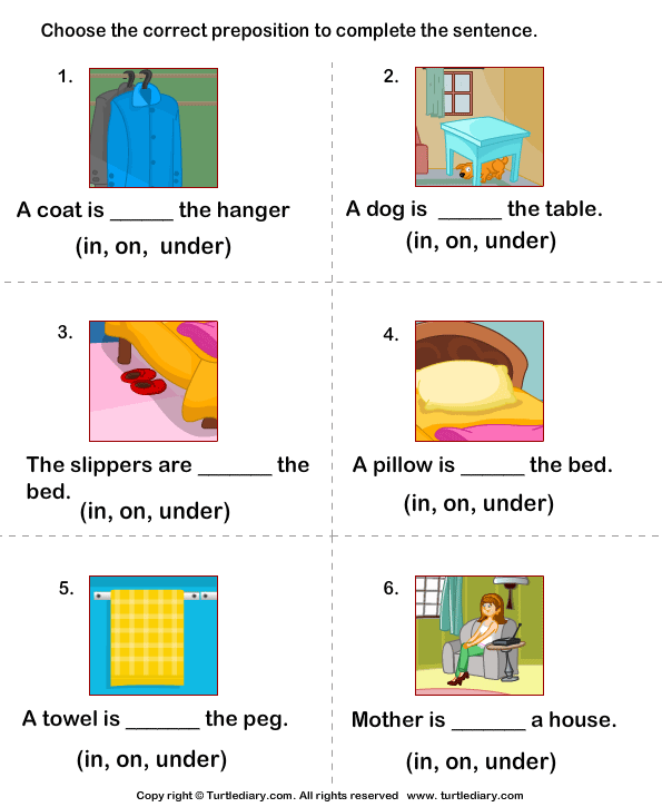 Write Preposition In On Under To Complete Sentences Worksheet