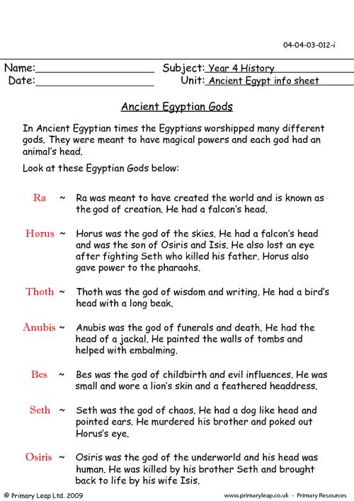 Ancient Egyptian Gods And Goddesses Information Sheet