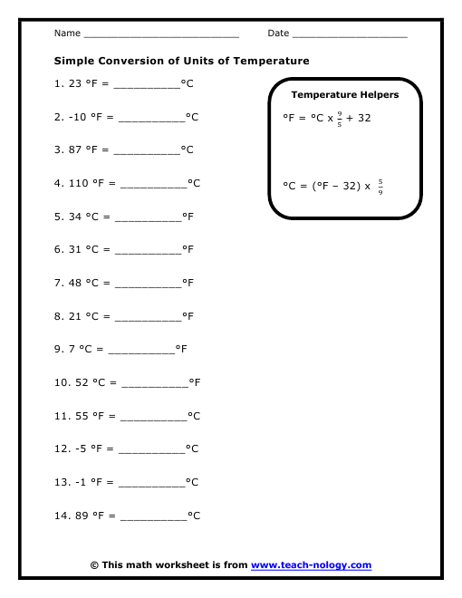Simple Conversion Of Units Of Temperature Worksheet