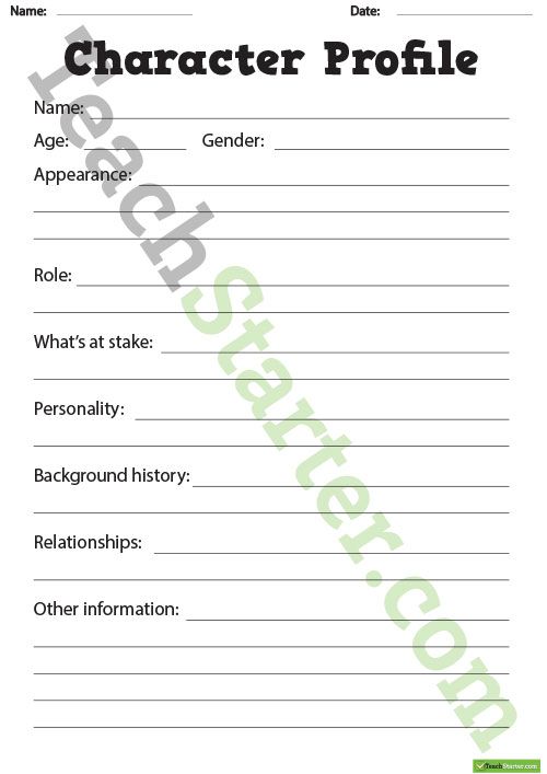 Detailed Character Profile Worksheet Teaching Resource
