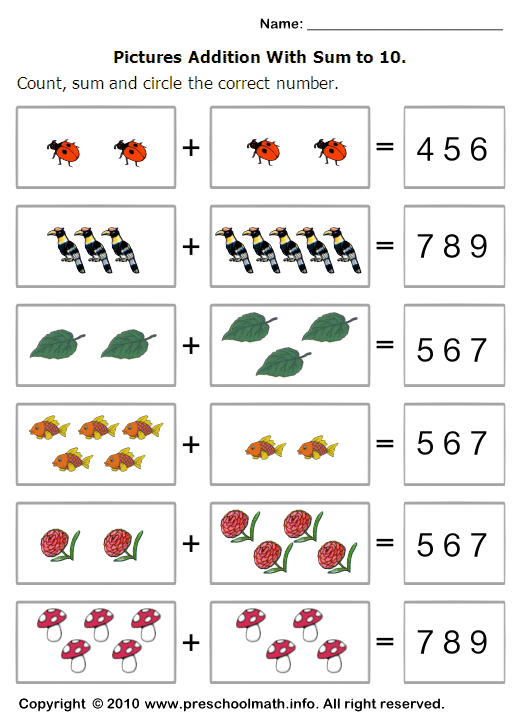 Basic Addition Worksheets With Sum To 10 And Circle The Number