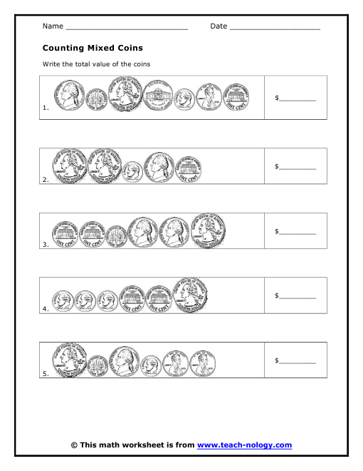 Counting Mixed Coins  Worksheet (free; From Teachnology)