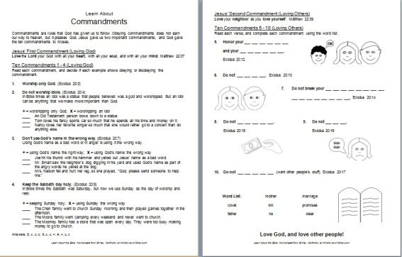 Bible Worksheet  Learn About God's Commandments  Free Printable