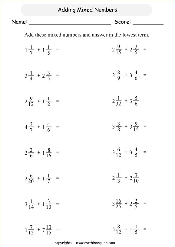 Addition Or Mixed Numbers Worksheet For Sixth Grade Math Students