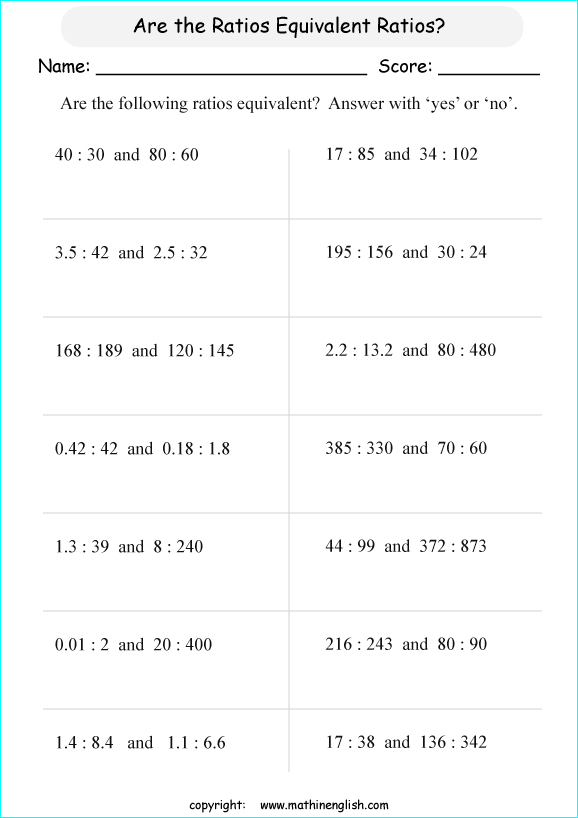 Are These Ratios Equivalent Ratios  Answer With 'yes' Or 'no