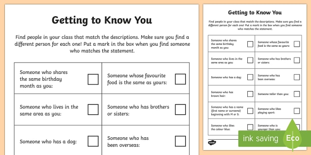 Getting To Know You Worksheets