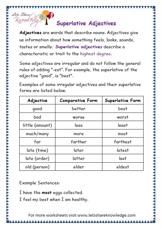Grade 3 Grammar Topic 15  Superlative Adjectives Worksheets