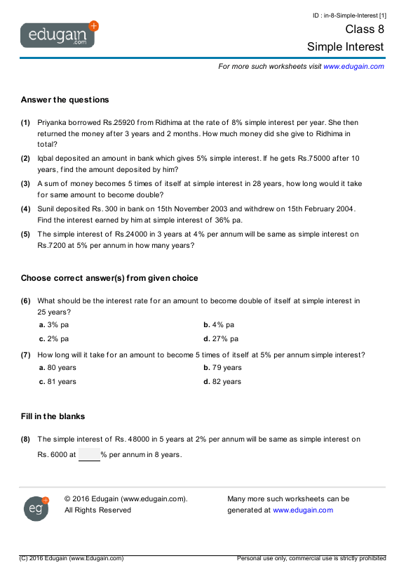 Grade 8 Math Worksheets And Problems  Simple Interest