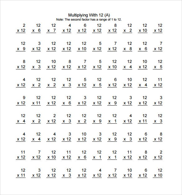 Sample Horizontal Multiplication Facts Worksheet