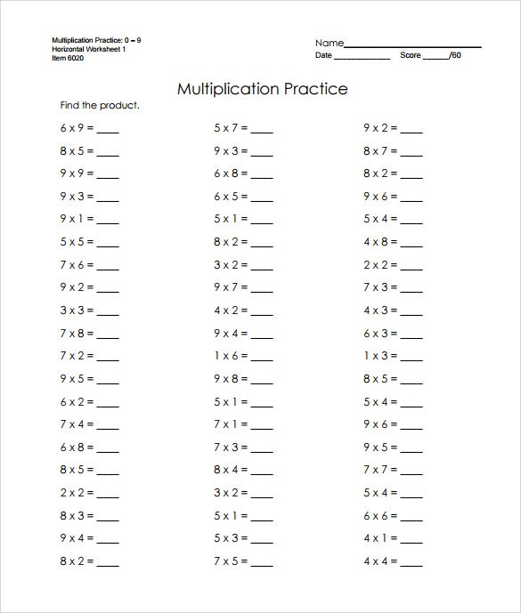 Sample Horizontal Multiplication Facts Worksheet