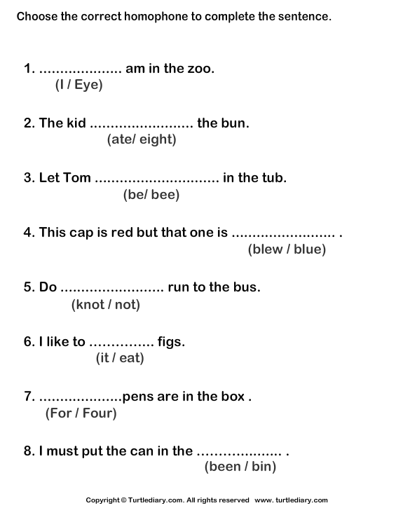 Identify Homophone For The Given Sentence Worksheet