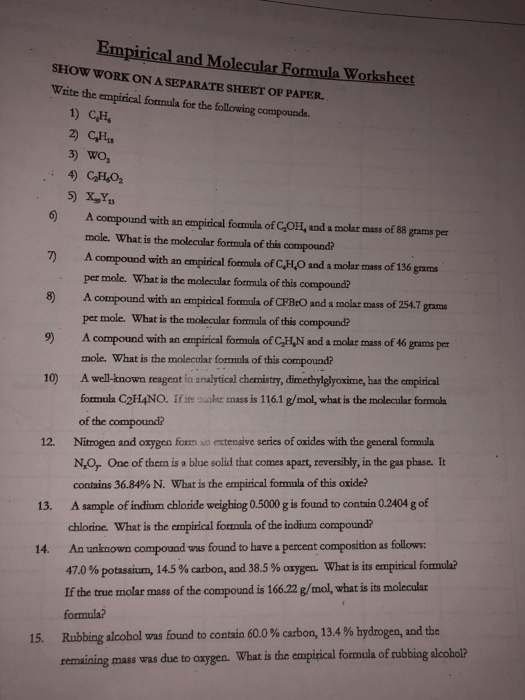 Solved  Empirical And Molecular Formula Worksheet Show Wor