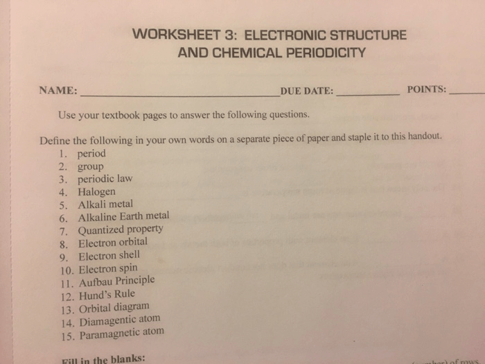 Solved  Worksheet 3  Electronic Structure And Chemical Per