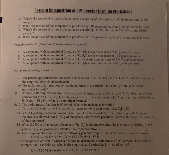 Solved  Percent Composition And Molecular Formula Workshee