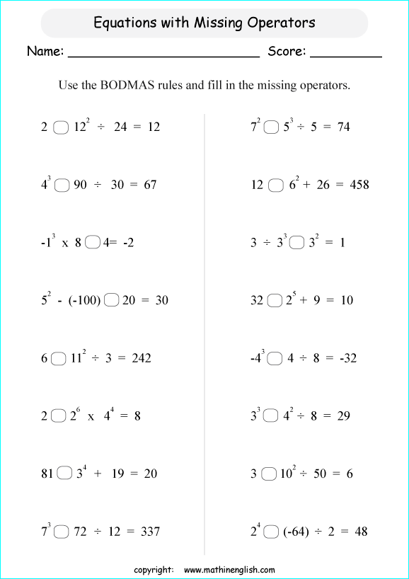 Exponents Worksheets With Equations With Missing Operators  Use
