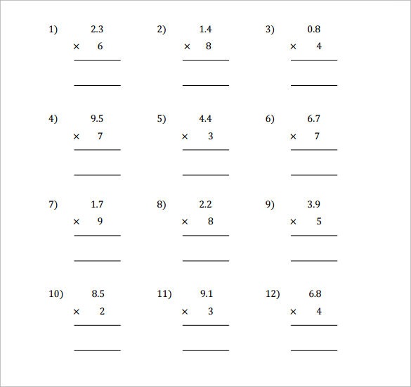 Sample Multiplying Decimals Vertical Worksheet