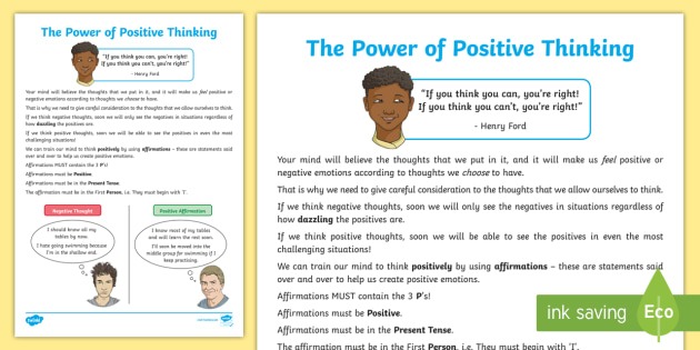 The Power Of Positive Thinking Worksheet   Worksheet