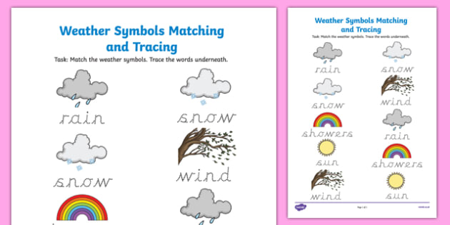 Weather Symbols Matching And Tracing Worksheet   Worksheet