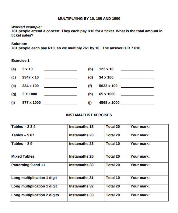 Sample Long Multiplication Worksheets