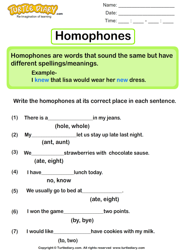 Sentences With Homophones Worksheet