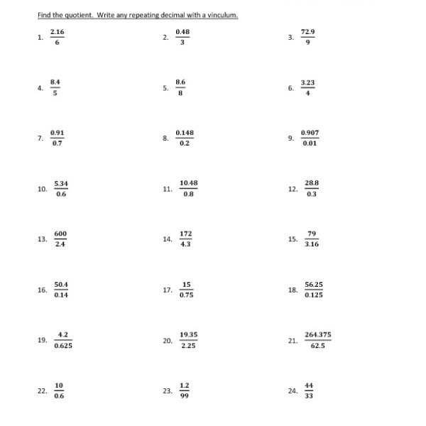 Seventh Grade Dividing Decimals Worksheet 15 â One Page Worksheets