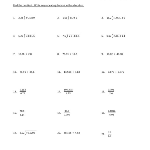 Seventh Grade Dividing Decimals Worksheet 20 â One Page Worksheets